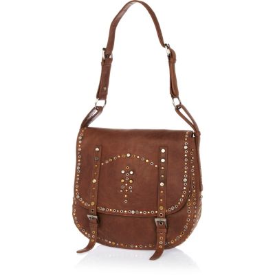 Brown leather studded saddle bag