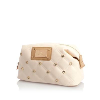 Cream diamante quilted make up bag
