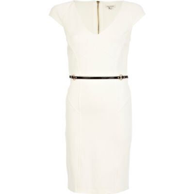 Cream cap sleeve belted pencil dress