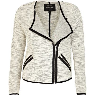 Cream marl soft contrast trim biker jacket