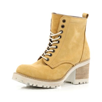 Brown block heel worker boots