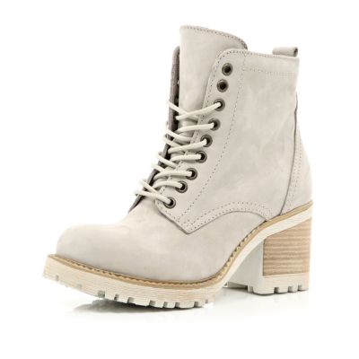 Grey block heel worker boots