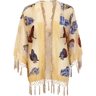 Cream butterfly print fringed kimono