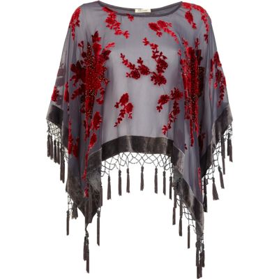 Grey floral print sheer tassel cape