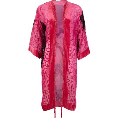 Pink oriental print longline kimono jacket