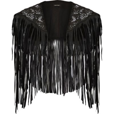 Black laser cut fringed cape 
