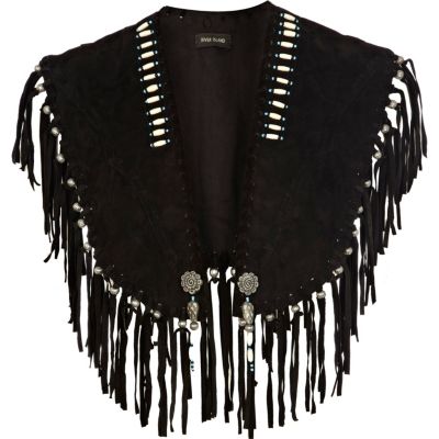 Black leather fringed cape 