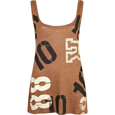 Brown linen number print longline vest