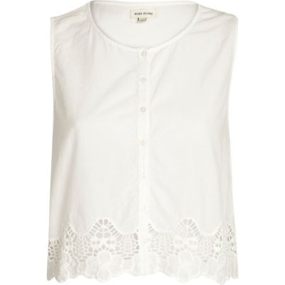 White lace hem button through crop top