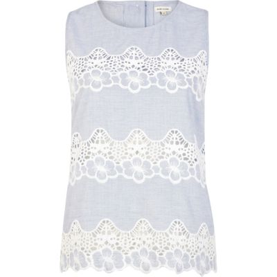 Blue chambray lace insert shell top