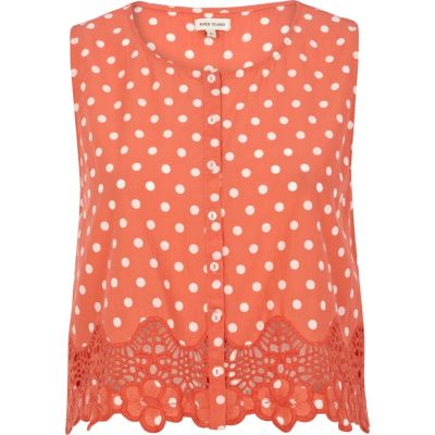 Coral polka dot button through crop top