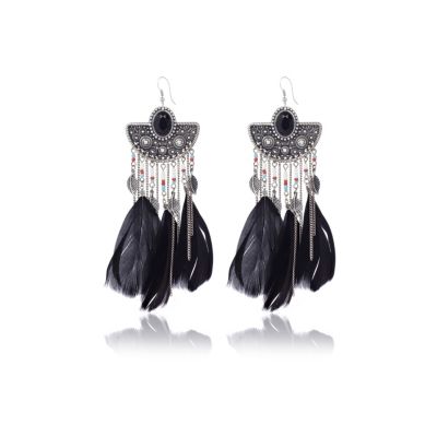 Black half disk feather drop earrings