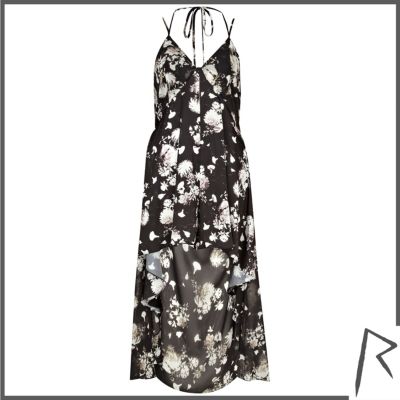 Black floral Rihanna dip hem culotte dress