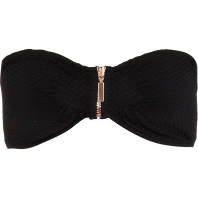 Black textured zip bandeau bikini top