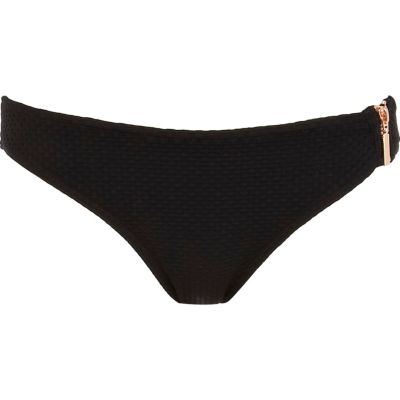 Black textured zip bikini bottoms