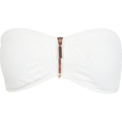 White textured zip bandeau bikini top
