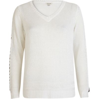 White chain embellished V neck jumper
