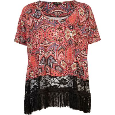 Red paisley print fringed t-shirt