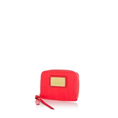 Bright pink croc mini zip around purse