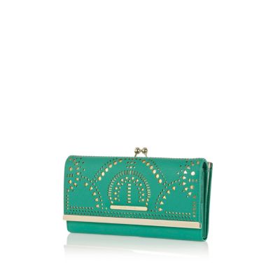 Green laser cut clip top purse