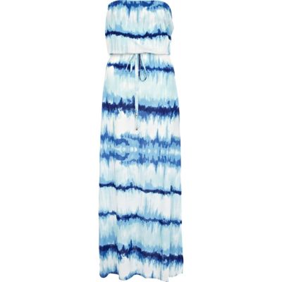 Blue tie dye side split bandeau maxi dress