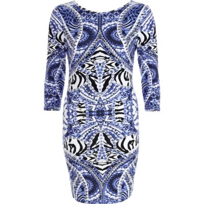 Blue symmetrical tribal print bodycon dress