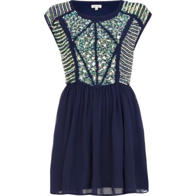 Navy embellished panel skater dress