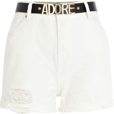 White high waisted belted denim shorts