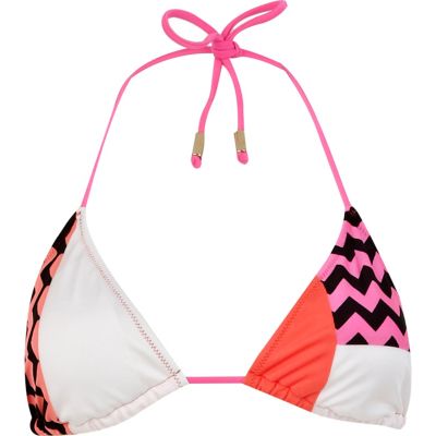 Pink print colour block bikini top
