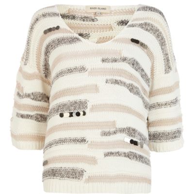 Beige sequin embellished oversized jumper