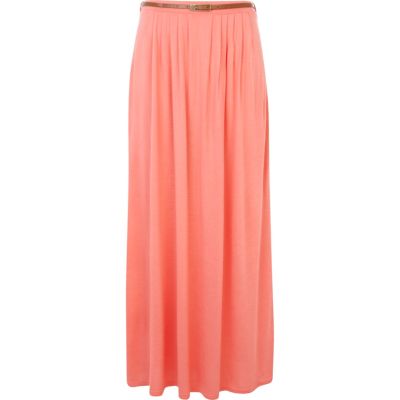 Coral jersey belted maxi skirt