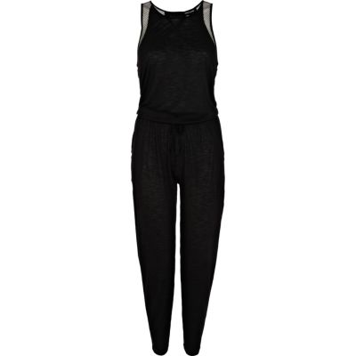 Black mesh insert casual sleeveless jumpsuit