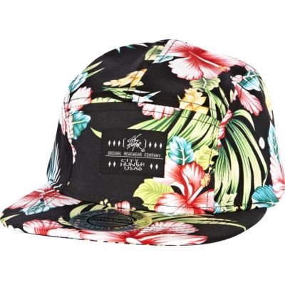 Black floral print flat peak hat