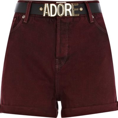 Dark red high waisted belted denim shorts