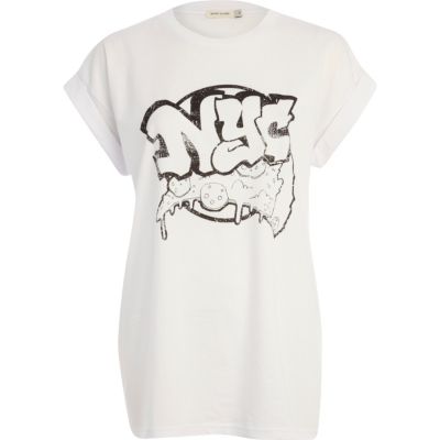 White NYC pizza print oversized t-shirt