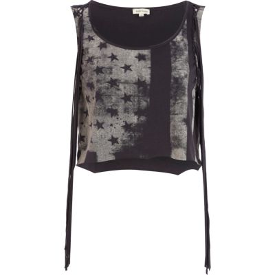 Grey flag print tassel crop top