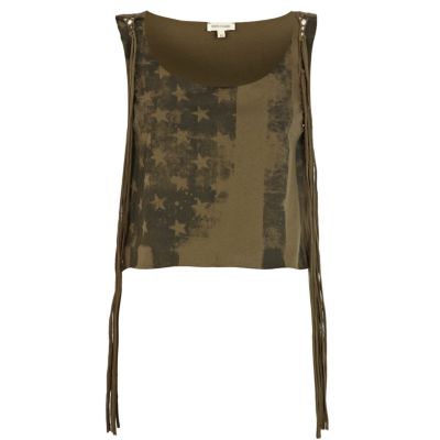 Khaki flag print tassel crop top