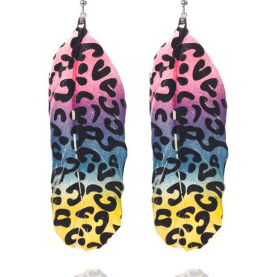 Multicoloured leopard print feather earrings