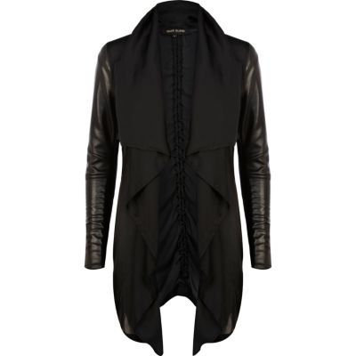 Black leather look sleeve waterfall jacket