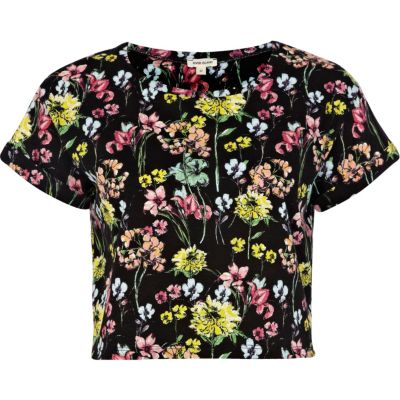Black floral print cropped t-shirt