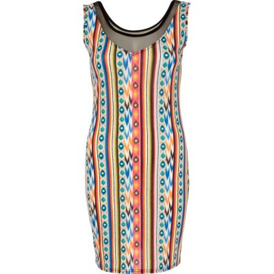 Pink aztec print mesh insert bodycon dress