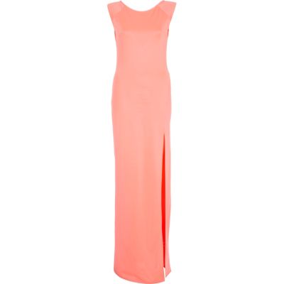 Coral side split low back maxi dress
