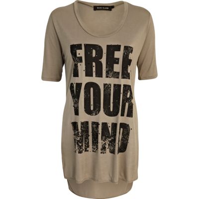 Khaki free your mind side split t-shirt