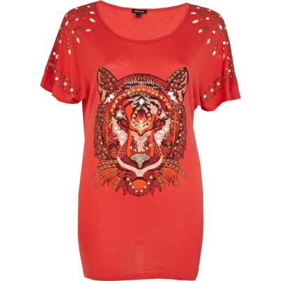 Red tiger print embellished t-shirt