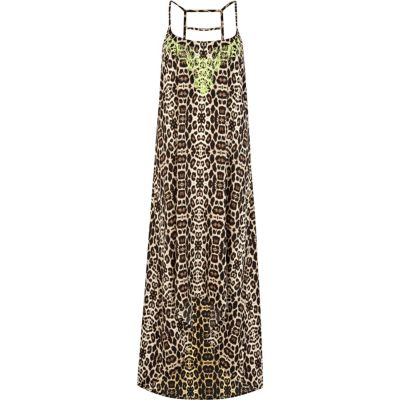Brown animal print fluro neck maxi dress 