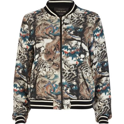 Green tiger print bomber jacket