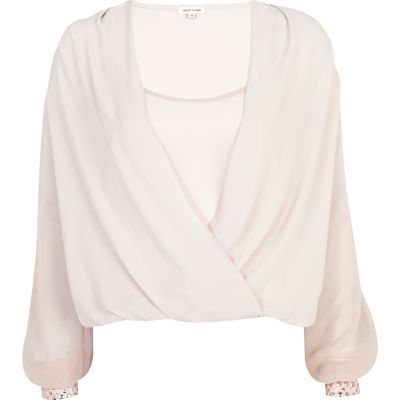 Pink embellished cropped wrap blouse