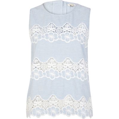 Blue stripe lace insert shell top