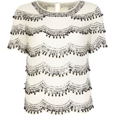 Cream scallop embellished top