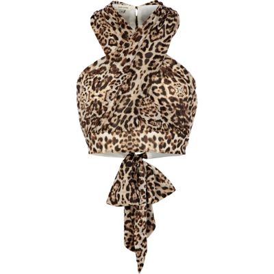 Brown leopard print wrap halter neck top